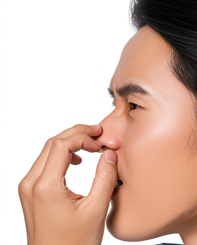 코를 감싸고 있는 남성, 비염으로 인한 불편함을 나타냄