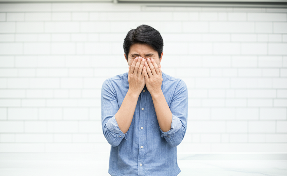 괴로운 듯 두 손으로 코와 눈을 감싸고 있는 남성, 비염으로 인한 불편함을 나타냄