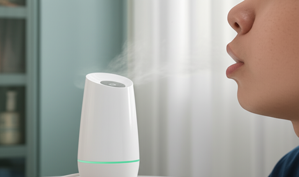 깨끗한 방 안에 촉촉한 수증기를 내뿜고 있는 흰색 가습기, 비염 예방에 좋다.