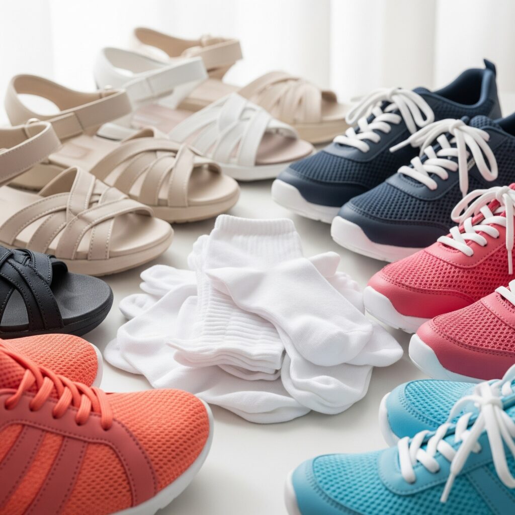 통기성 좋은 다양한 신발(샌들, 메시 운동화)과 깨끗한 면 양말이 밝은 빛 아래 놓여 있는 모습, 발 위생의 중요성을 강조