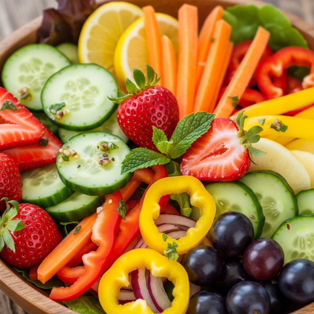 신선한 과일과 채소가 가득 담긴 화려한 샐러드. 여름 감기 면역력 강화와 균형 잡힌 식단을 상징합니다.