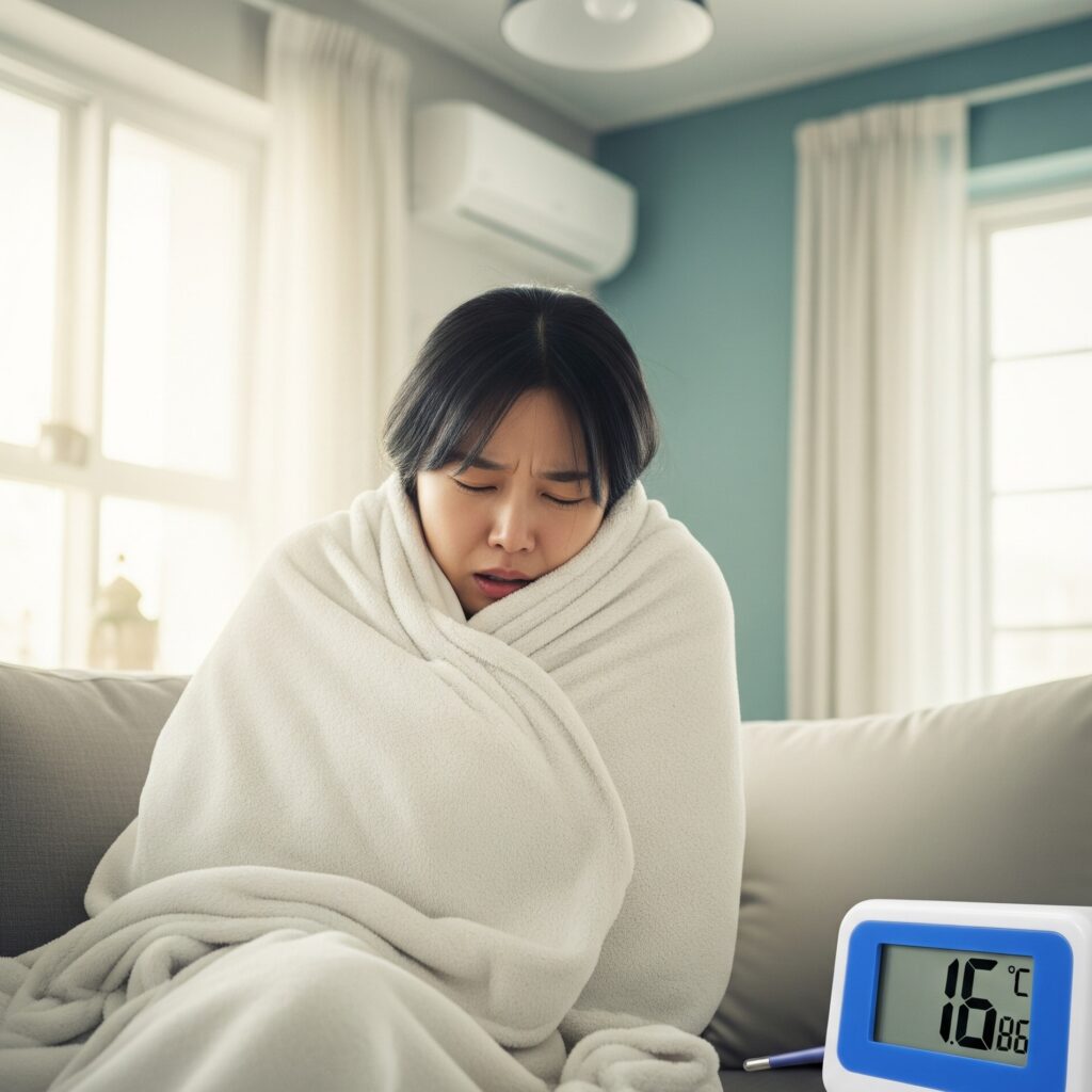 에어컨 바람 때문에 실내에서 담요를 두르고 추워하는 여성. 여름 감기 냉방병 증상을 나타냅니다.