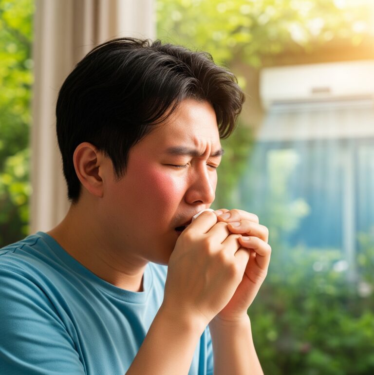 더운 여름날 가볍게 기침하거나 재채기하는 남성의 모습. 여름 감기 증상을 보여줍니다.