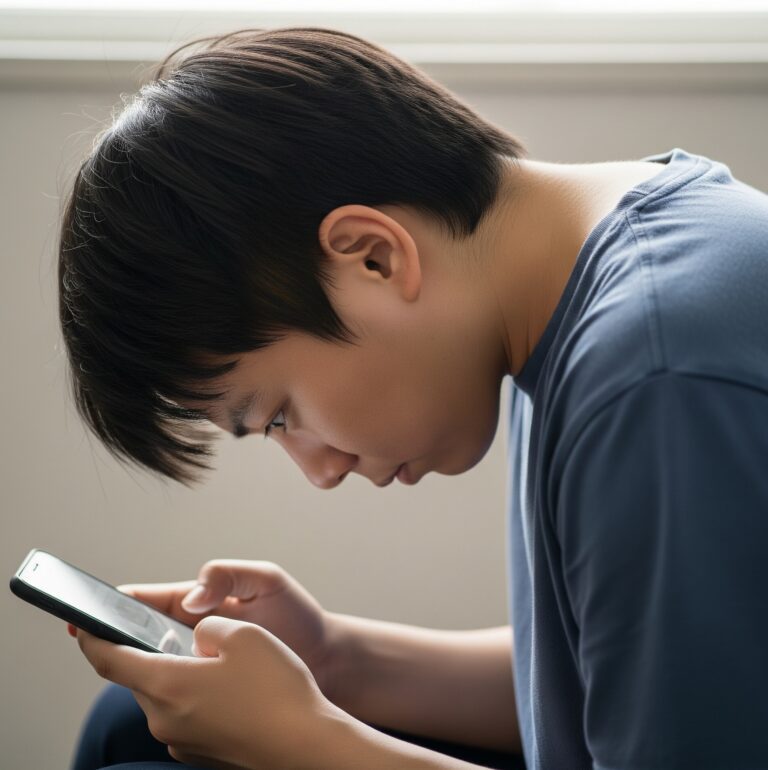 스마트폰을 보며 고개를 숙이고 있는 한국인의 옆모습입니다. 목이 앞으로 튀어나온 전형적인 거북목 증후군 자세를 보여주며, 현대 사회의 흔한 자세 문제를 나타냅니다.