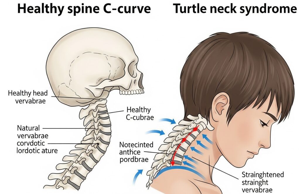 건강한 C자형 경추와 일자목 또는 역C자형으로 변형된 거북목 경추의 해부학적 비교 그림입니다. 두 자세의 척추 곡선 차이를 명확하게 보여주어 거북목 증후군으로 인한 척추 변형을 시각적으로 설명합니다.