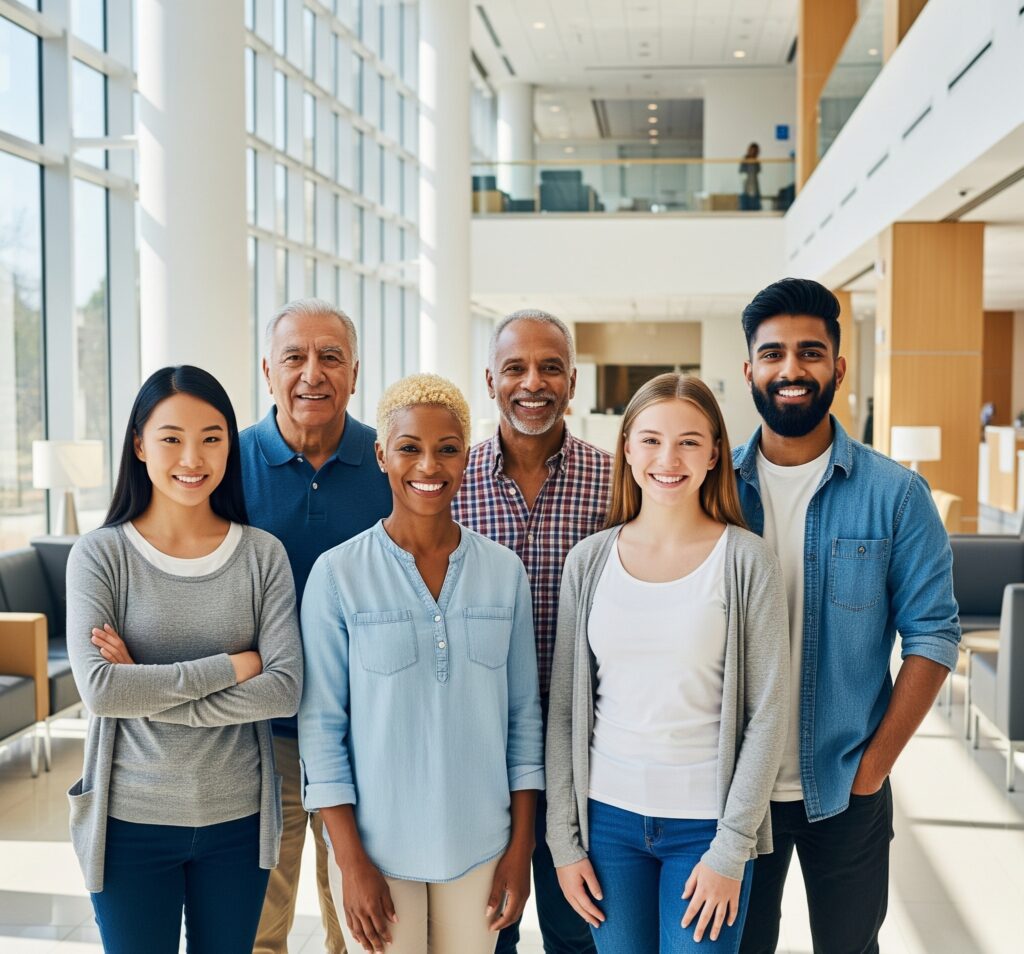 다양한 연령대와 성별의 사람들이 밝고 현대적인 병원 로비에서 건강하고 자신감 있는 모습으로 함께 서 있는 이미지입니다. 정기적인 건강검진을 통한 적극적인 건강 관리의 중요성을 상징적으로 보여줍니다.