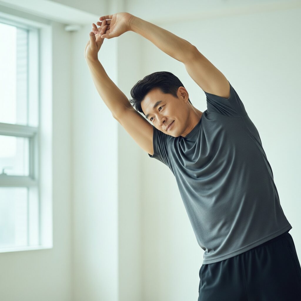 고혈압 관리를 위해 스트레칭하는 남성