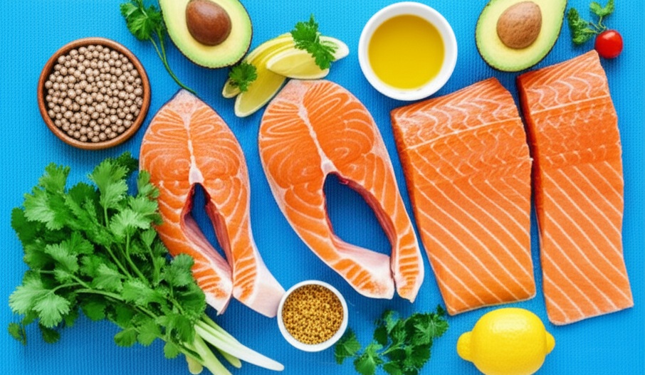 관절 건강에 도움이 되는 사진. 오메가-3, 지방산이 풍부한 연어, 아보카도 등