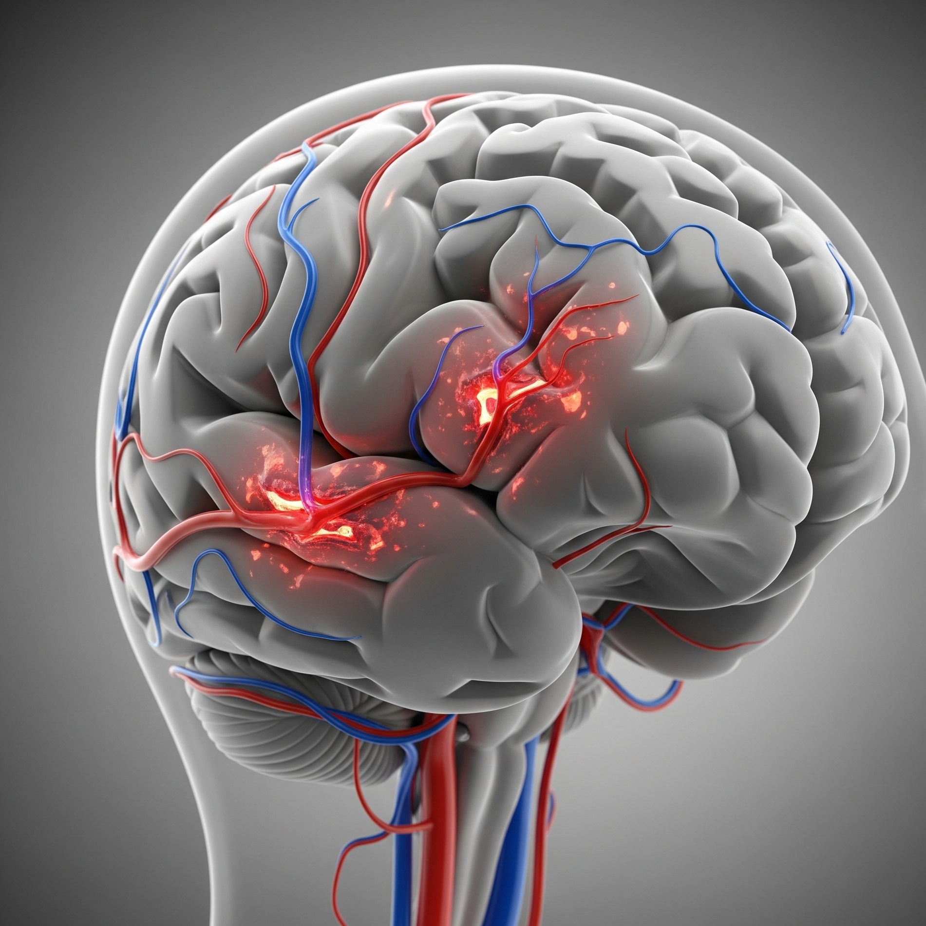 사람의 뇌와 그 안의 복잡한 혈관망을 상세하게 보여주는 3D 의료 일러스트레이션. 일부 혈관이 좁아지거나 막힌 듯한 모습으로, 뇌졸중이 혈관 문제로 발생함을 시각적으로 나타냅니다.