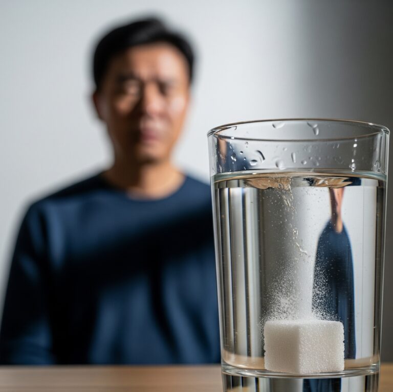 잔에 담긴 물에 설탕이 녹는 것을 지켜보는 남성. 당뇨병 경고