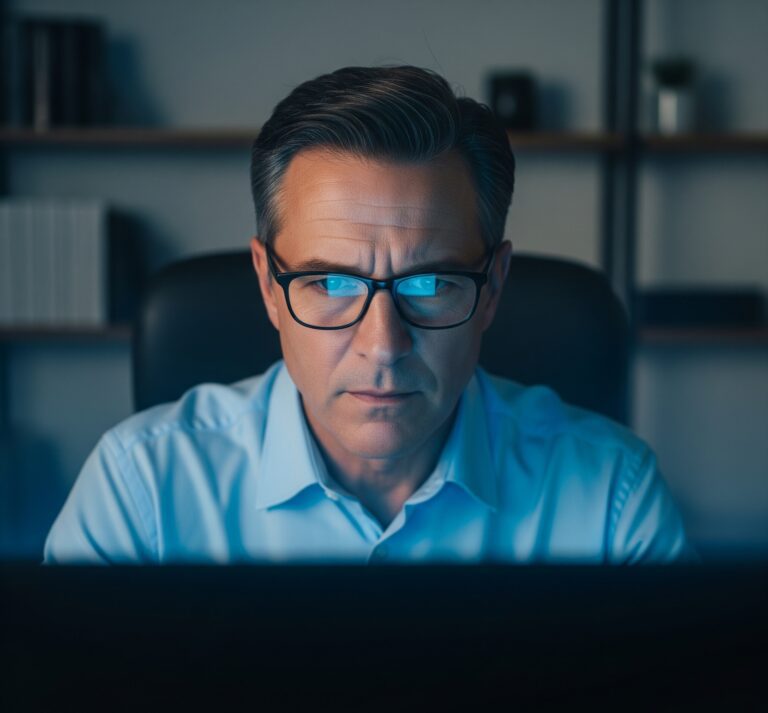 AI 시대에 디지털 화면을 응시하며 눈의 피로를 느끼는 사람의 모습. 현대 기술과 눈 건강 관리의 필요성을 강조합니다.