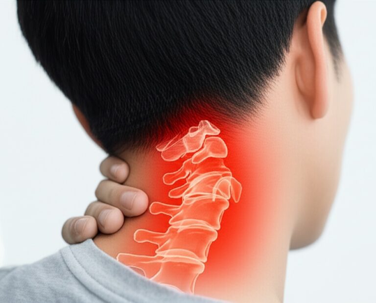 목뼈 모형과 함께 특정 디스크 부위를 붉게 강조하여 보여주는 이미지입니다. 목 통증 상황을 시각적으로 나타냅니다.