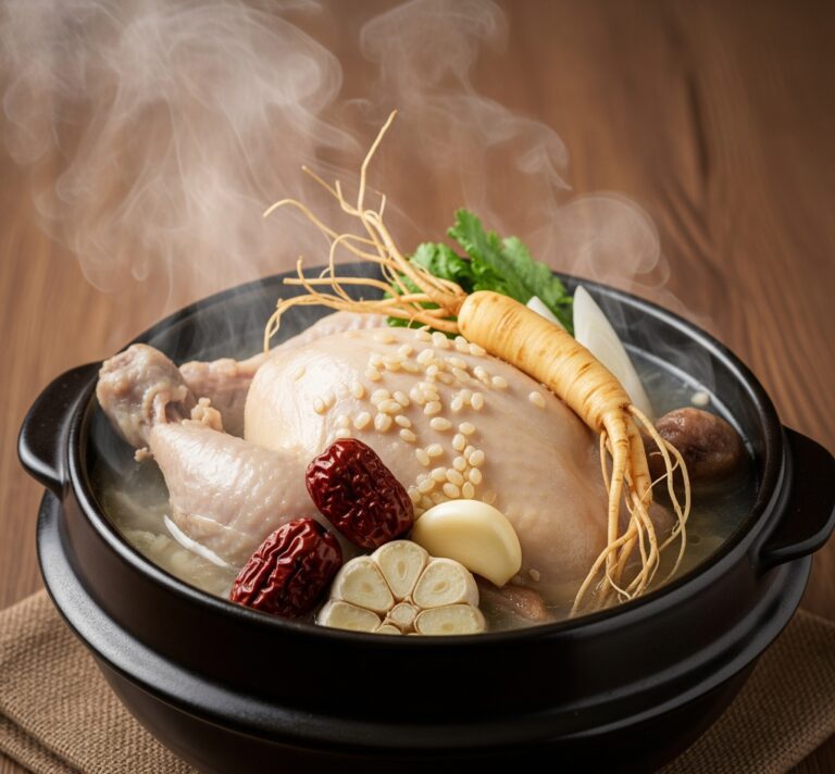 통 뚝배기에 담긴 뜨거운 삼계탕의 먹음직스러운 클로즈업 사진입니다. 닭고기, 인삼, 대추, 마늘 등이 선명하게 보이며, 김이 피어올라 따뜻하고 영양 가득한 복날 보양식의 느낌을 강조합니다.