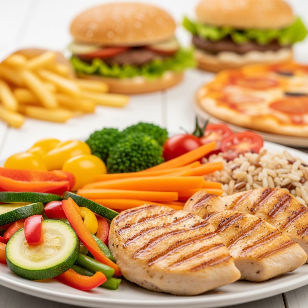 구운 닭고기, 다채로운 채소, 통곡물로 이루어진 건강하고 균형 잡힌 식단이 담긴 접시가 선명하게 보이고, 배경에는 흐릿하게 패스트푸드가 보이는 사진입니다. 비만 관리에 있어 건강한 식단 선택의 중요성을 상징합니다.
