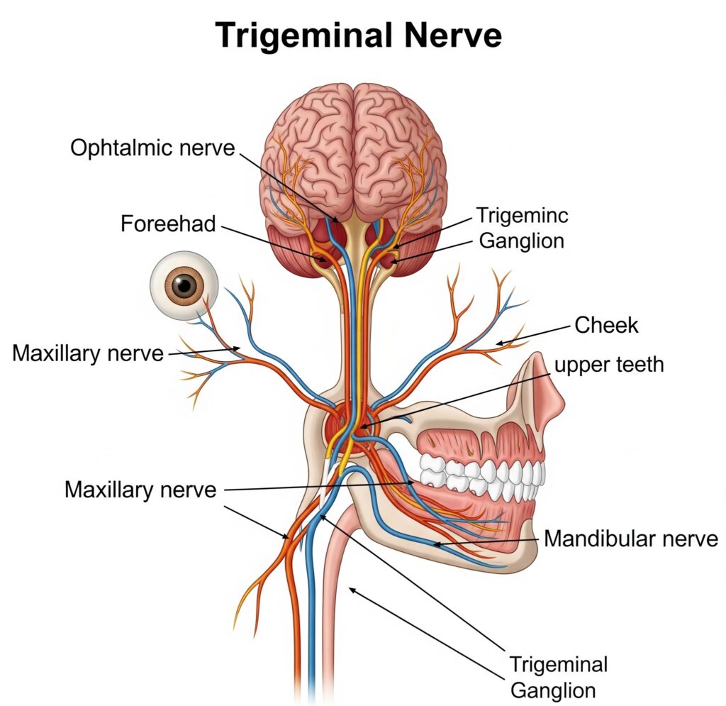 뇌에서 얼굴로 뻗어 나가는 삼차신경의 해부학적 구조를 보여주는 상세한 의학 일러스트레이션. 이마, 뺨, 턱으로 이어지는 세 갈래 신경 가지가 명확하게 표시되어 있음.