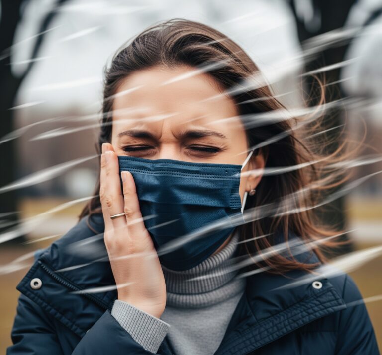 삼차신경통 환자가 통증 유발 요인을 피하기 위해 마스크를 착용하고 찬 바람을 막는 모습. 얼굴에 나타나는 고통스러운 표정이 강조되어 있음.