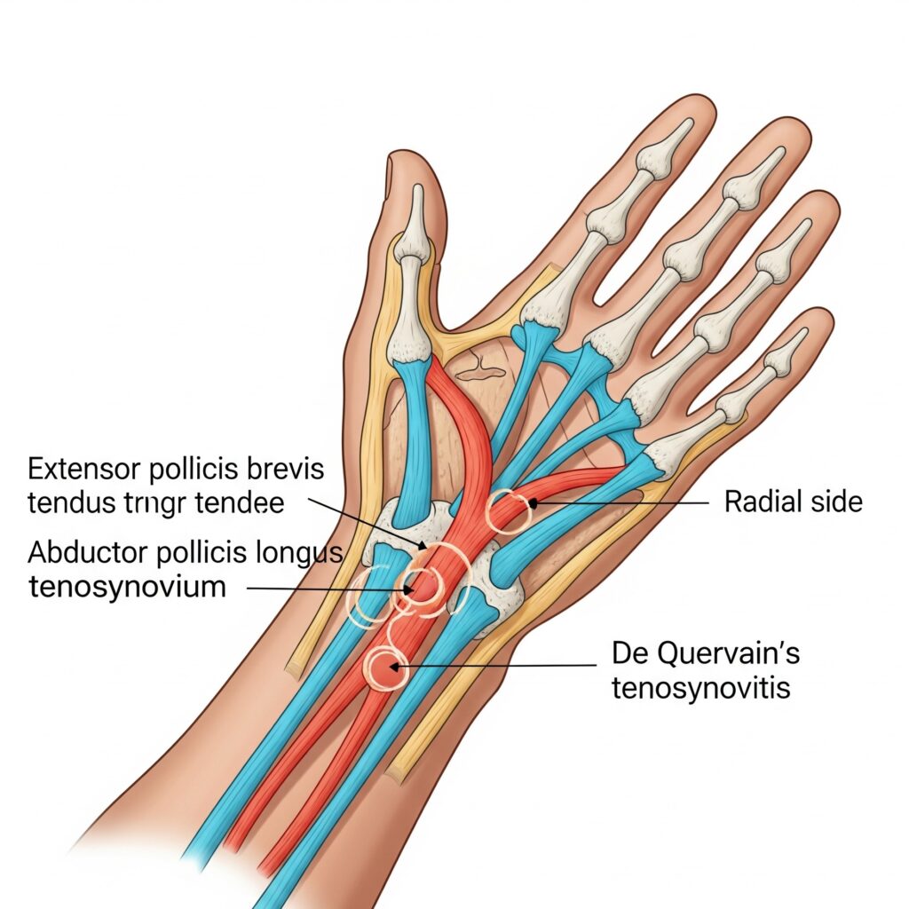 사람 손목의 해부학적 그림으로, 엄지손가락 쪽 힘줄(장무지외전근, 단무지신근)과 이를 둘러싼 건초를 명확히 보여줍니다. 드퀘르뱅병에서 염증이 발생하는 부위가 강조되어 있습니다.