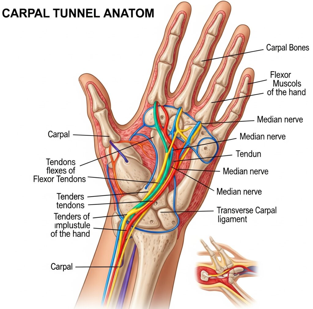 사람 손목의 손목 터널(수근관) 해부학적 구조를 보여주는 그림입니다. 좁은 터널을 통과하는 정중신경과 힘줄들이 명확하게 표시되어 있어, 손목 터널 증후군이 발생하는 부위를 시각적으로 이해하는 데 도움을 줍니다.