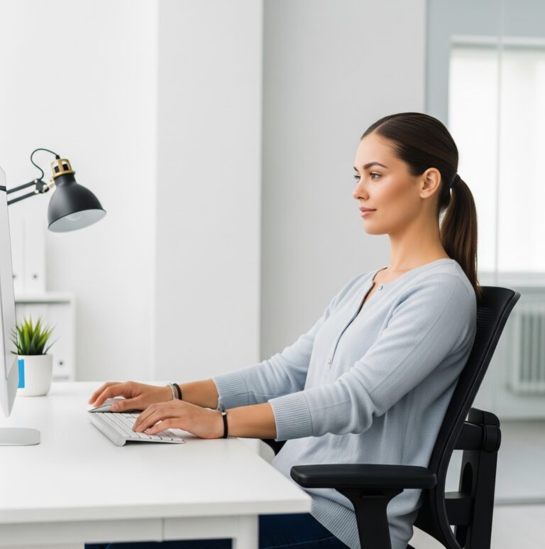 컴퓨터를 사용할 때 손목을 곧게 펴고 팔꿈치를 90도로 유지하며 바른 자세로 앉아 있는 사람의 모습입니다. 손목 부담을 줄이고 손목 터널 증후군을 예방하기 위한 올바른 작업 자세를 보여줍니다.