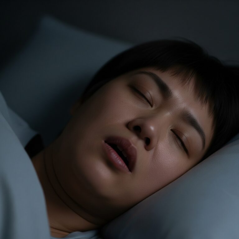 잠든 한국인 남성이 입을 살짝 벌리고 코를 골고 있는 모습입니다. 시끄러운 코골이와 함께 숨이 멎을 수 있는 수면 무호흡증의 숨은 위험을 상징적으로 보여줍니다.