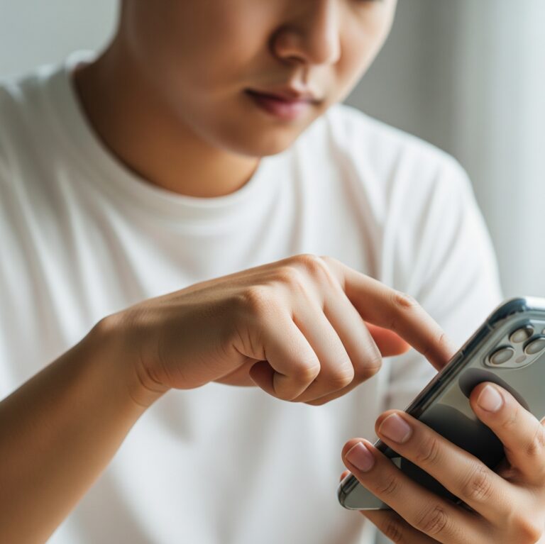 스마트폰을 내려다보며 손목을 살짝 구부리고 있는 한국인의 모습입니다. '문자 엄지'나 손목 건초염으로 이어질 수 있는 흔한 스마트폰 사용 자세를 보여줍니다.