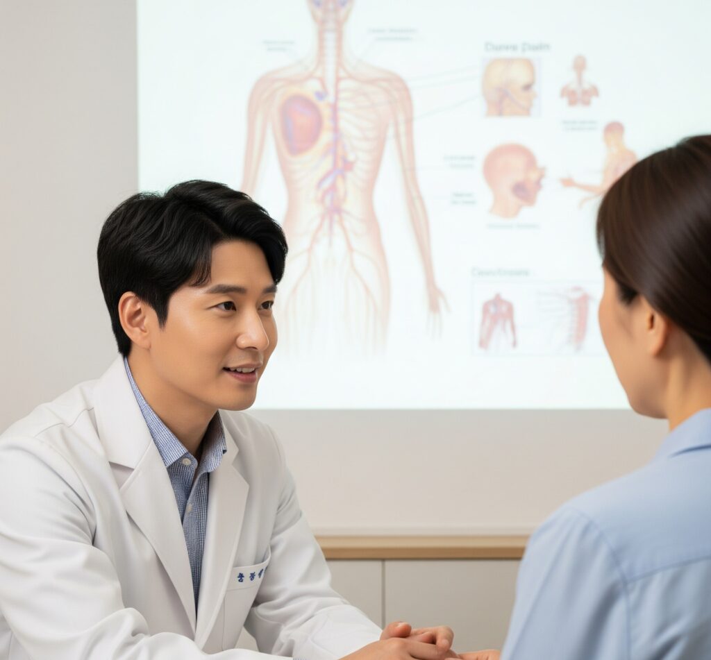 신경계 의료 다이어그램이 배경 화면에 보이는 가운데, 신경통 치료 옵션을 논의하는 한국인 의사와 환자. 공동 의사 결정의 중요성을 강조합니다.