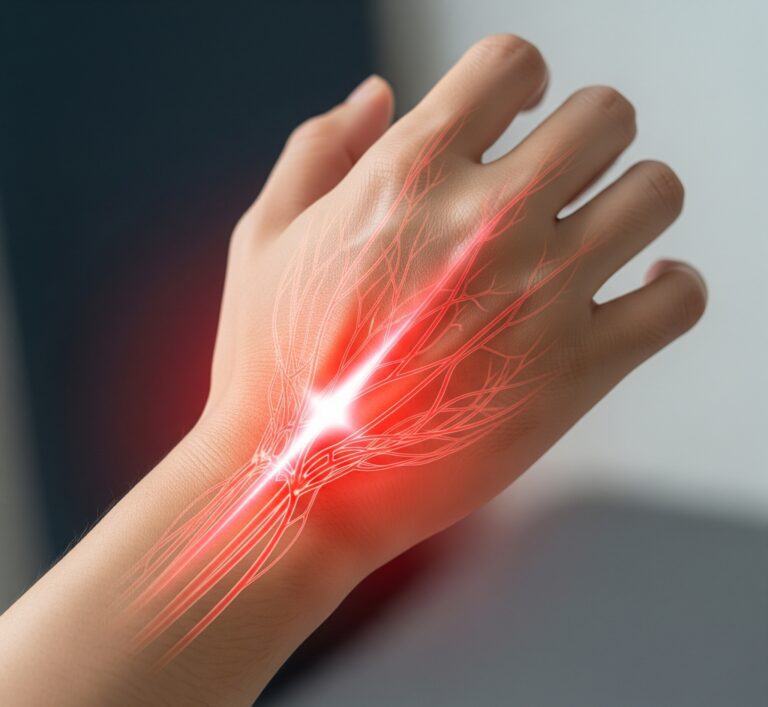 한국인의 손이 날카롭고 찌르는 듯한 통증을 겪는 모습. 손과 손목의 신경 경로를 따라 미묘한 붉은빛이 감돌아 신경통을 나타냅니다.
