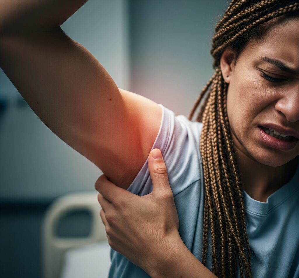 어깨 통증과 뻣뻣함으로 팔을 들어 올리지 못해 고통스러워하는 사람의 모습. 오십견의 어려움을 보여줍니다.