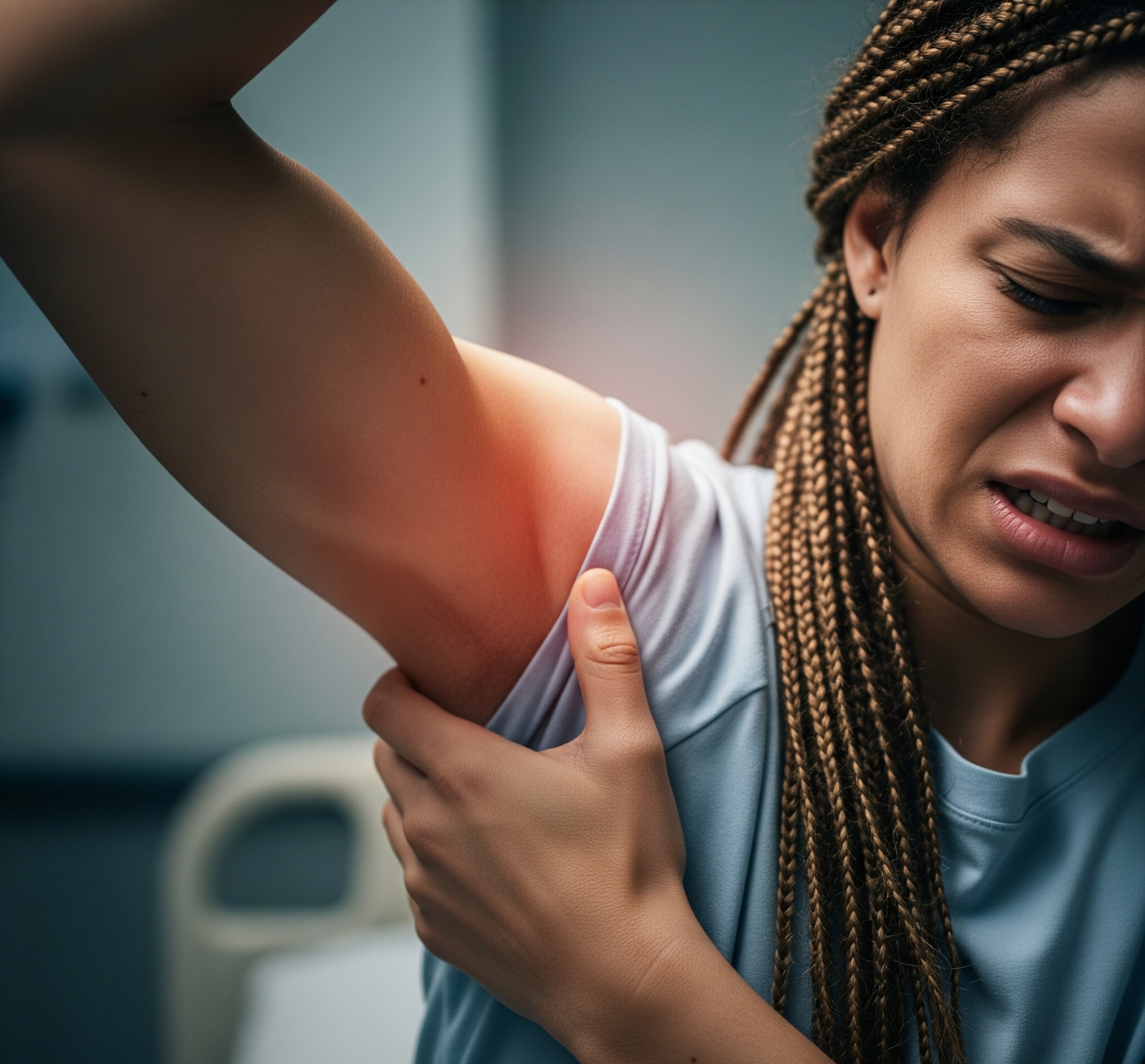 어깨 통증과 뻣뻣함으로 팔을 들어 올리지 못해 고통스러워하는 사람의 모습. 오십견의 어려움을 보여줍니다.