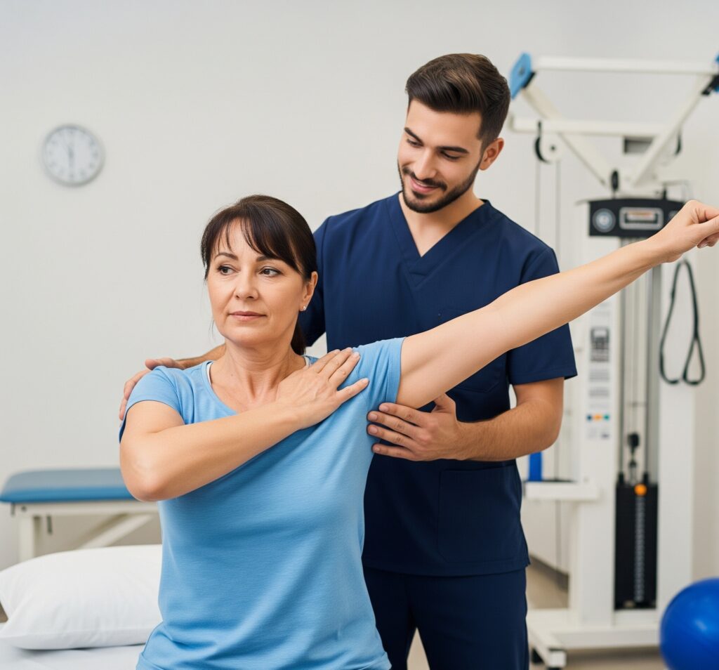 어깨 통증으로 물리 치료를 받는 환자. 치료사가 부드러운 운동을 안내하며 오십견 전문 치료를 상징합니다.