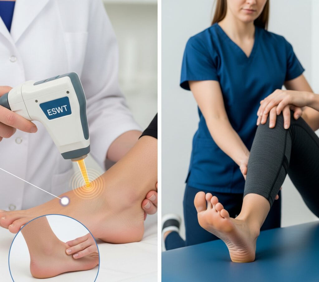 족저근막염 치료를 위해 체외충격파 치료를 받는 환자의 발. 의료진이 기기를 사용하여 발바닥 부위에 충격파를 가하는 모습과 물리치료를 받는 모습이 함께 나타나 있음.