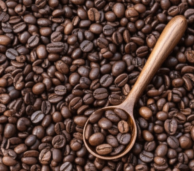 향긋하게 볶아진 커피 원두가 가득 담긴 배경 위에 나무 스푼으로 원두를 뜨고 있는 모습과 김이 모락모락 나는 커피가 담긴 잔이 놓여 있어 커피와 건강에 대한 기대감을 불러일으킵니다.