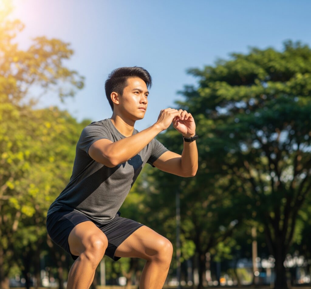 햇살 좋은 날 공원에서 운동하는 젊은 아시아 남성. 푸른 나무와 맑은 하늘을 배경으로 스쿼트를 하고 있으며, 활기차고 건강한 야외 분위기를 보여줍니다.