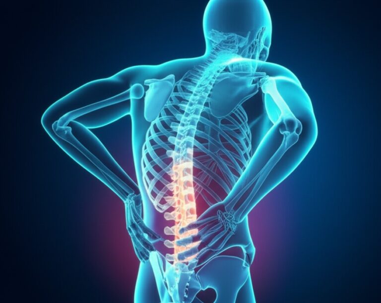 척추 모형에서 특정 부위(요추 부근)의 디스크가 튀어나와 신경을 압박하는 모습을 보여주는 의료 일러스트레이션입니다. 허리 통증의 발병 원리를 시각적으로 설명합니다.